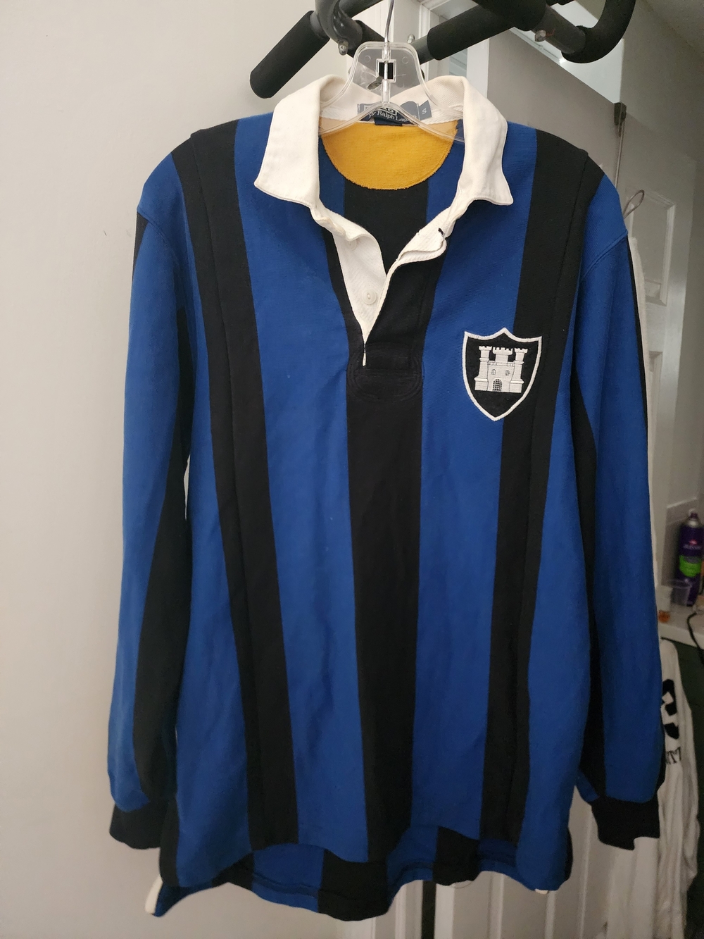 Ralph Lauren Thick Blue and Black Striped Rugby Crewneck with White Collar